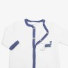 Pyjama bébé avec ouverture naissance à pressions blanc et bleu imprimé baleine et bébé baleine Pyjama bébé avec ouverture naissance à pressions blanc et bleu imprimé baleine et bébé baleine