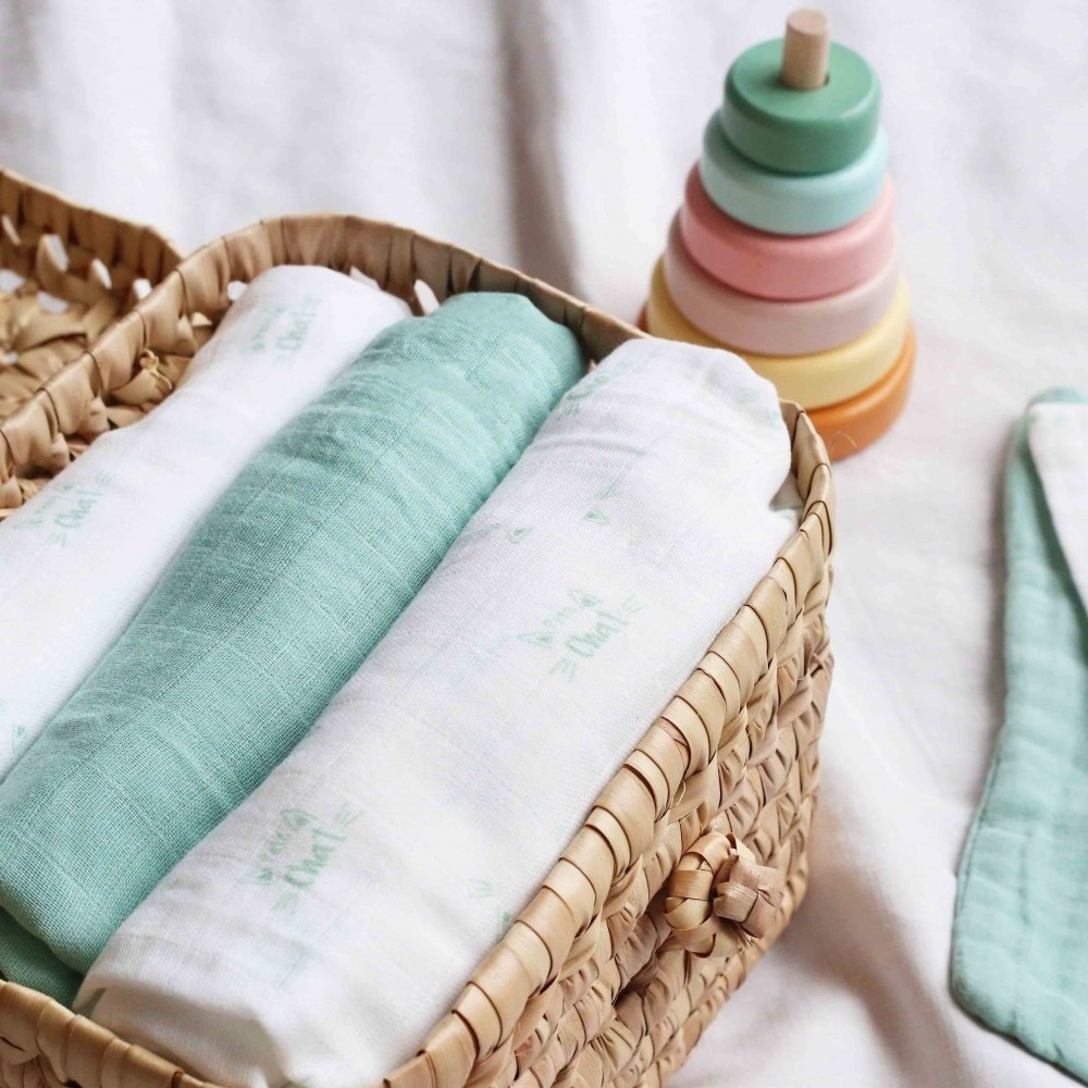 Set of 3 sea green swaddle blankets - Little cat - Oeko-tex Kinousses - 4 Set of 3 sea green swaddle blankets - Little cat - Oeko-tex Kinousses - 4