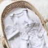 Mise en scène avec tenue de naissance mixte en velours parsemé de petits lapins gris Mise en scène avec tenue de naissance mixte en velours parsemé de petits lapins gris
