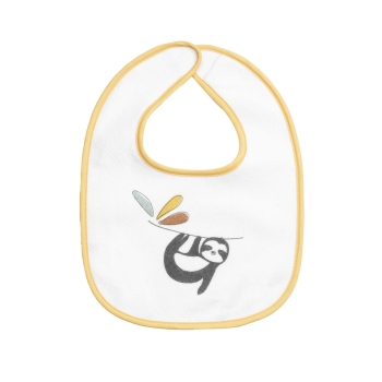 White and mustard bib with the sloth on a branch