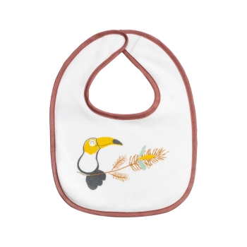 Slabbetje met terracotta biesje en getekende pelikaan Slabbetje met terracotta biesje en getekende pelikaan
