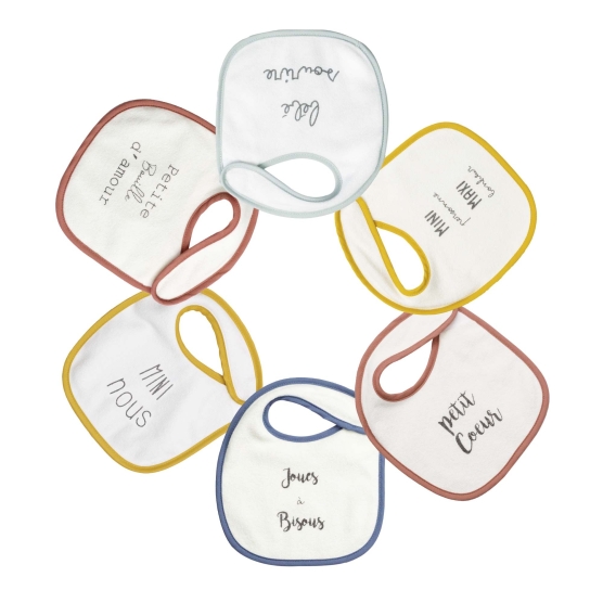Set di 6 bavaglini bianchi con piccoli messaggi