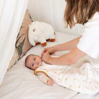 Mom puts the newborn sleeping bag on her baby