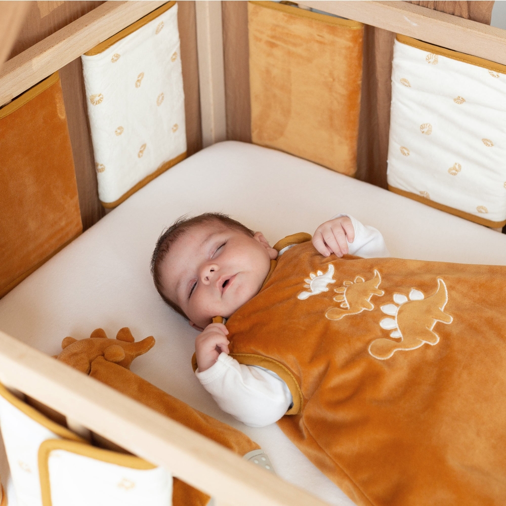Bebé na sua cama com o seu saco de dormir recém-nascido com motivos de dinossauros