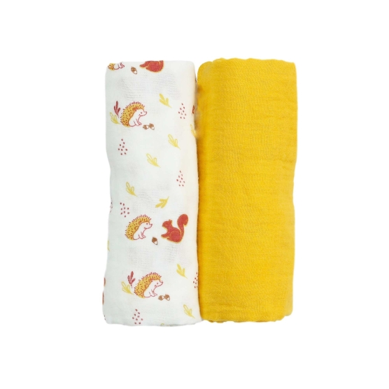 Set of 2 yellow swaddles with forest patterns