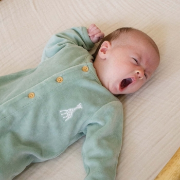 Bebé com o seu babygrow Sophie la girafe