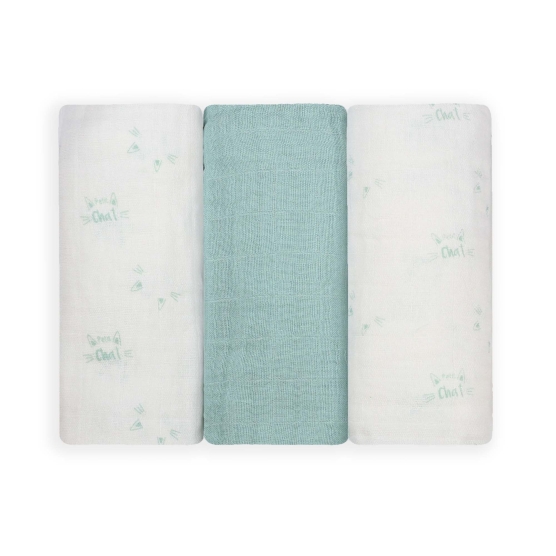 Set of 3 sea green muslin squares - Little cat - Oeko-tex Kinousses - 1