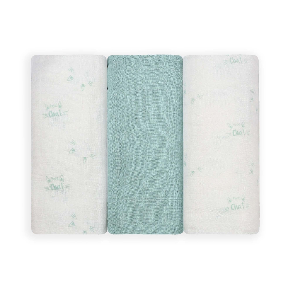 Set of 3 sea green muslin squares - Little cat - Oeko-tex Kinousses - 1