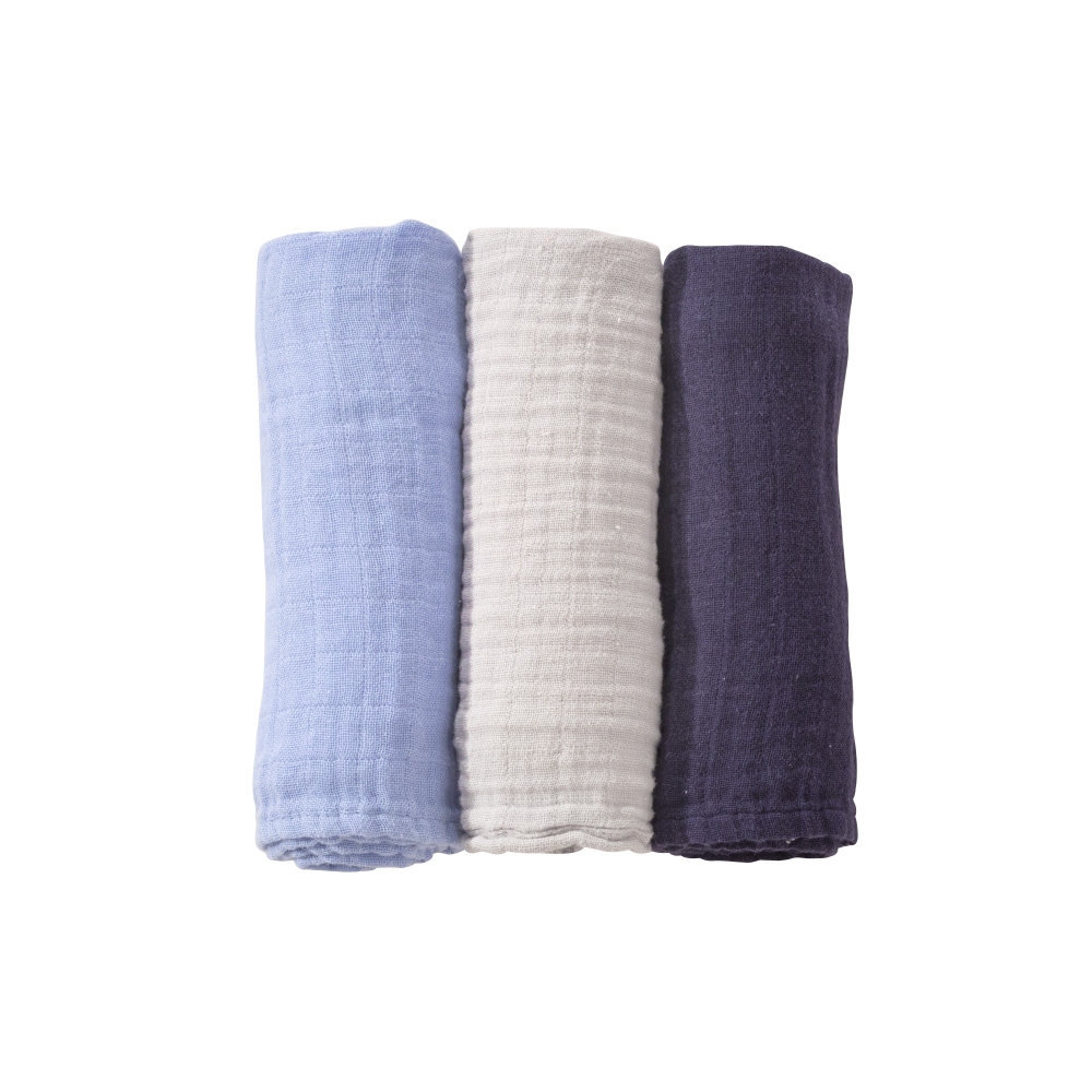 Langes coton bébé x3 bleus et gris 70x70 cm