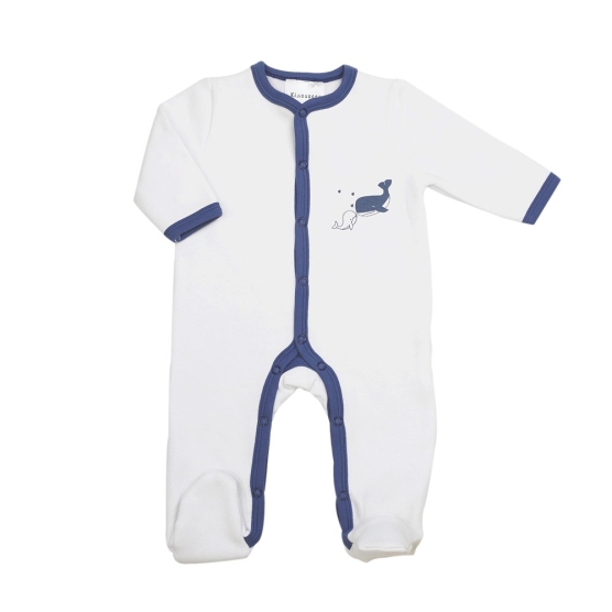 Newborn pajamas in white and blue fleece with Bisous salés label