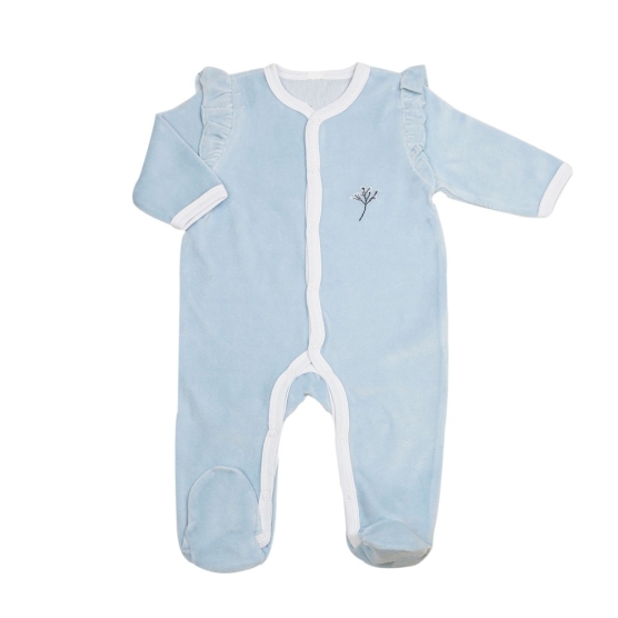 Flower embroidery pattern on velvet pajama with ruffles