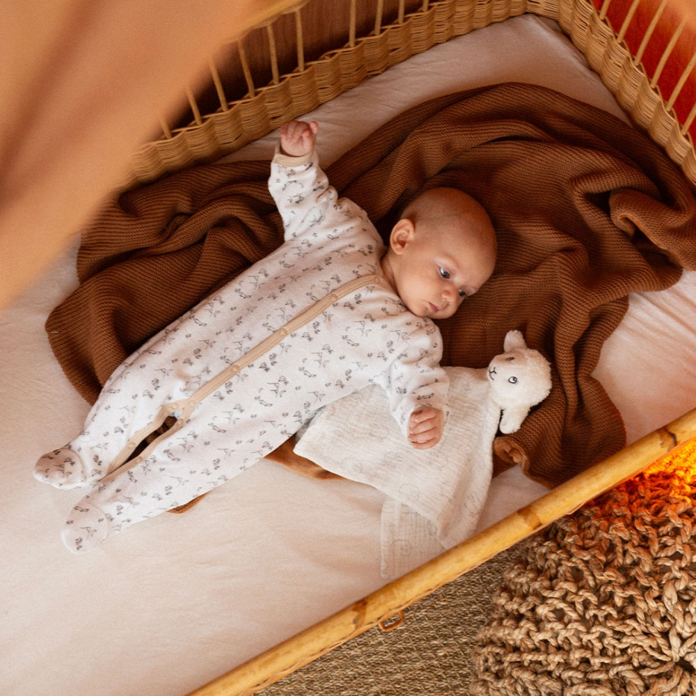 Bébé dans son lit habillé avec le pyjama montagne et son doudou mouton Bébé dans son lit habillé avec le pyjama montagne et son doudou mouton
