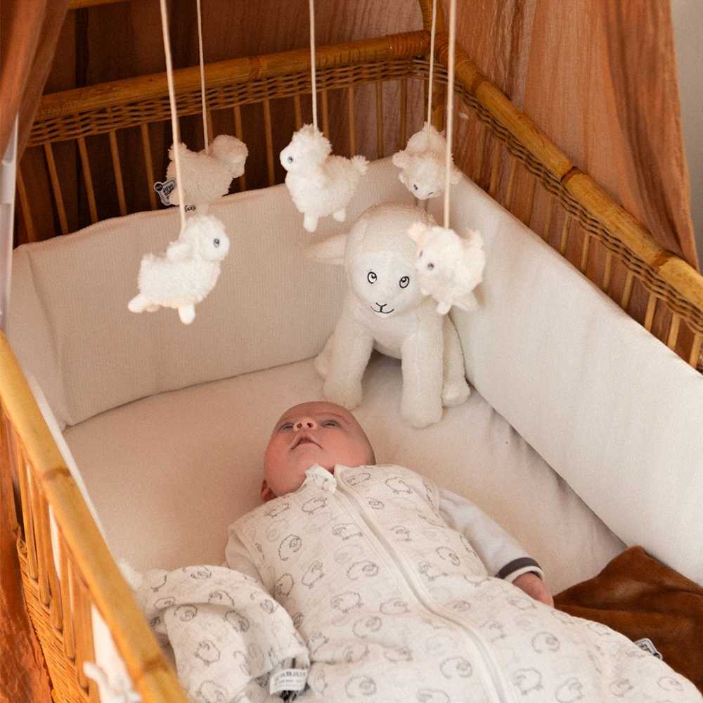 bebé olha para o seu brinquedo de estimulação