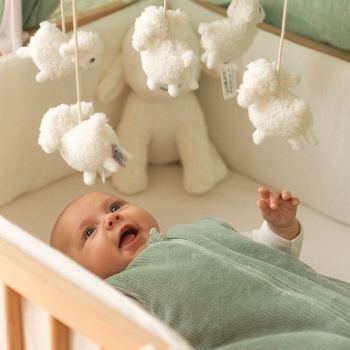 bambino nel suo lettino con il sacco nanna in velluto verde