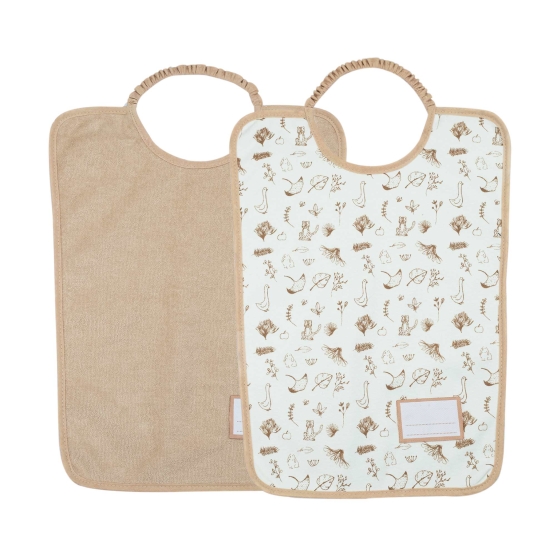 Set of 2 beige nursery bibs and with beige patterns