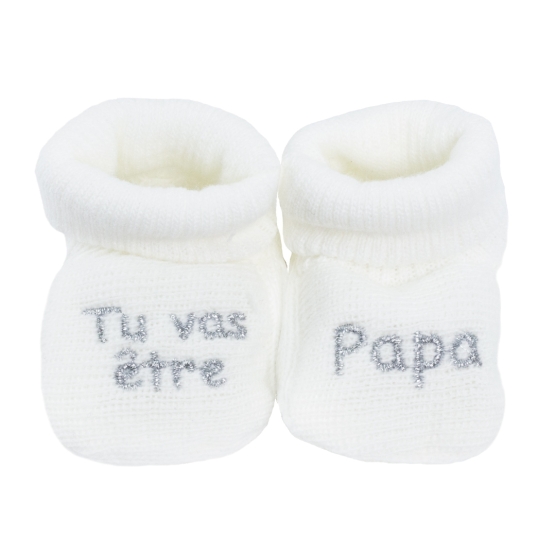 Newborn booties with "you're going to be a dad" embroidery