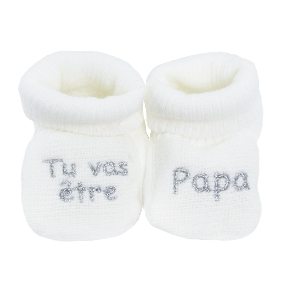 Newborn booties with "you're going to be a dad" embroidery