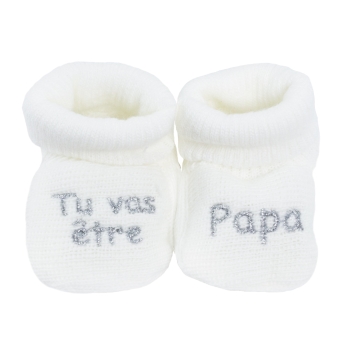 Newborn booties with "you're going to be a dad" embroidery
