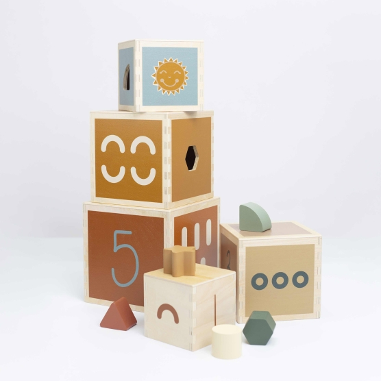 Wooden cube tower with nesting modules