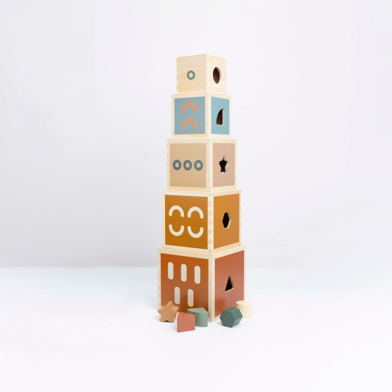 Wooden cube tower with nesting modules