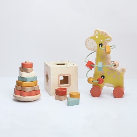 Set of 3 wooden developmental toys for baby