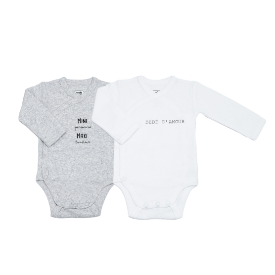 Set of 2 gray and white baby bodysuits with 'mini, maxi' inscription