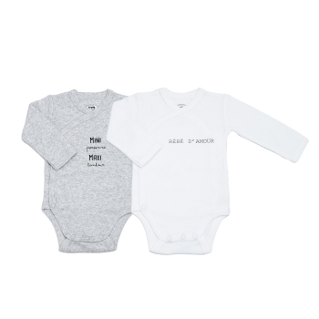 Set of 2 gray and white baby bodysuits with 'mini, maxi' inscription