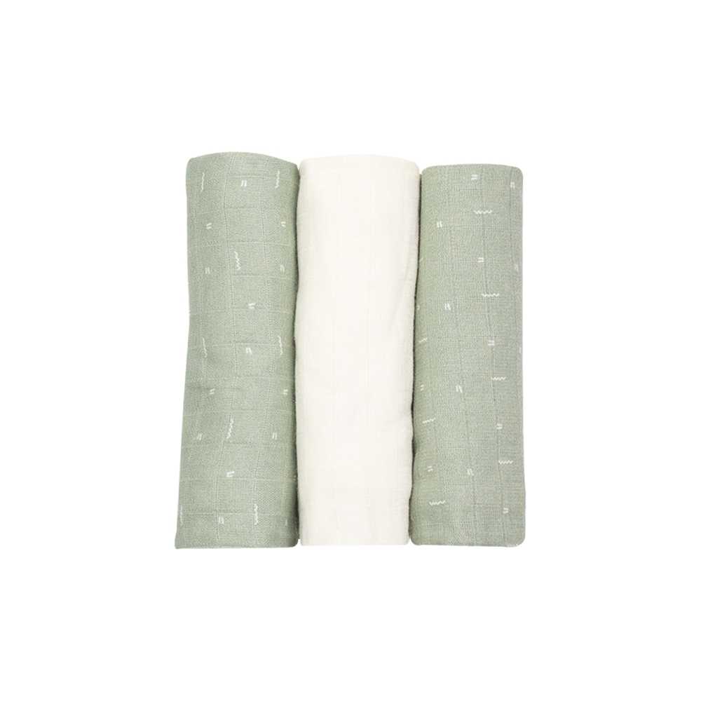 Conjunto de 3 fraldas de pano para bebé de 70x70 cm, em branco e verde-azeitona