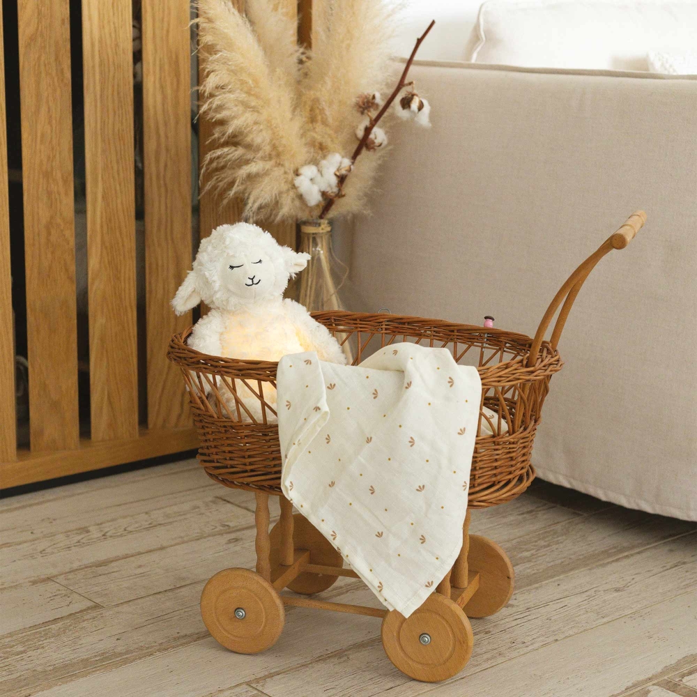 Luce notturna wooly nella sua culla con fasce.