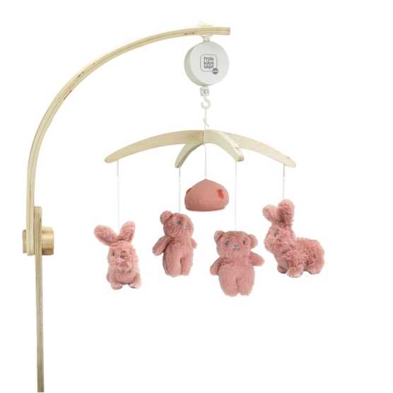 Terracotta-colored rabbit and bear musical mobile