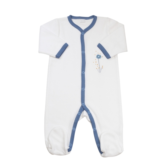 pyjama fille en velours blanc avec motifs et liseré bleu roi