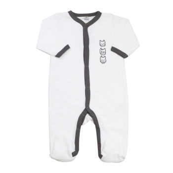 pyjama naissance bébé blanc avec liseré noir et broderie 3 têtes de chats