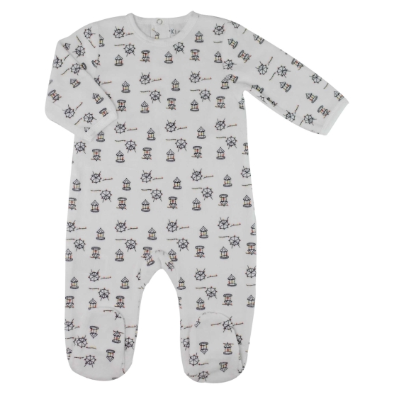 pijama de bebé branco com motivos de feira popular