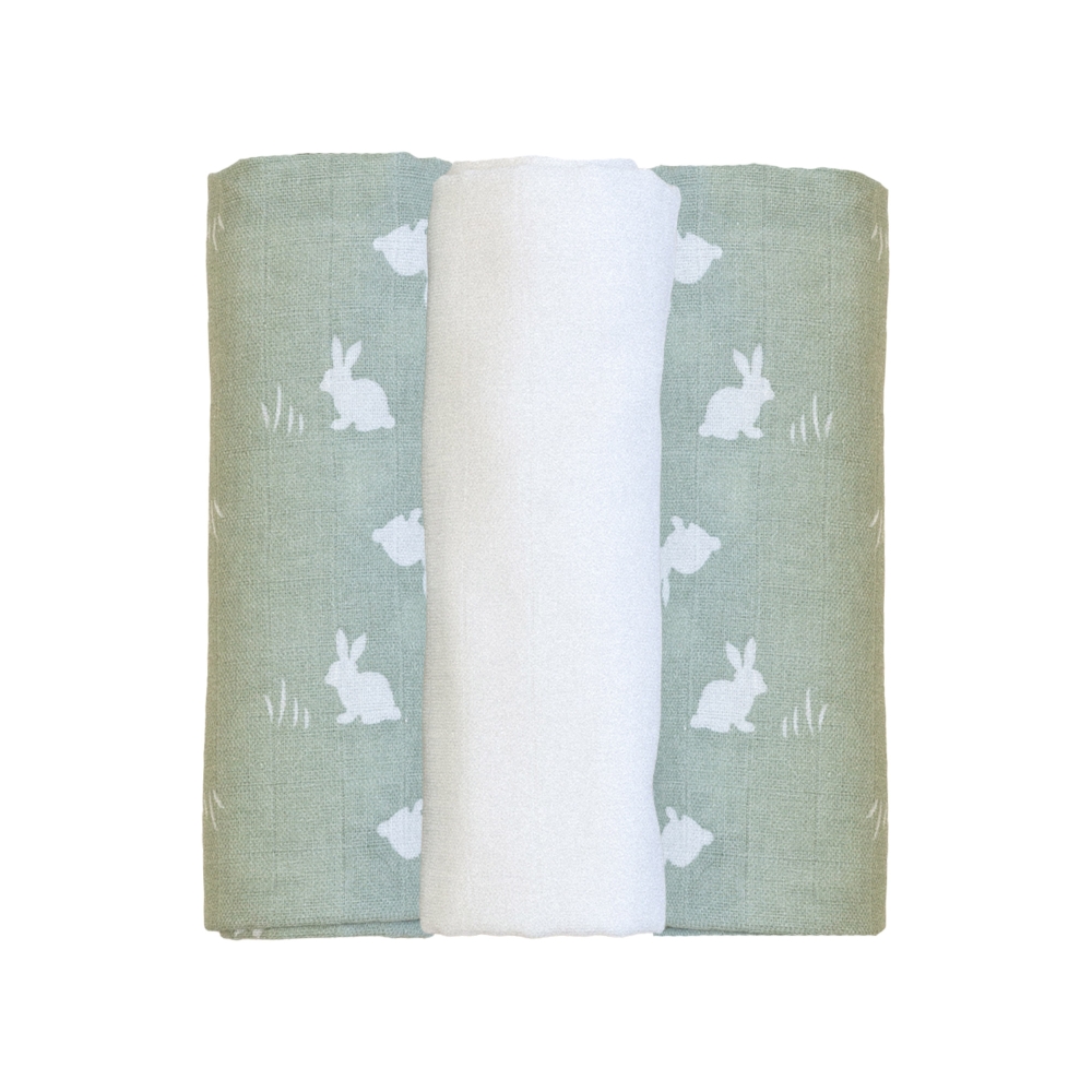 set of 3 sage green and white baby muslin cloths with rabbit pattern set of 3 sage green and white baby muslin cloths with rabbit pattern