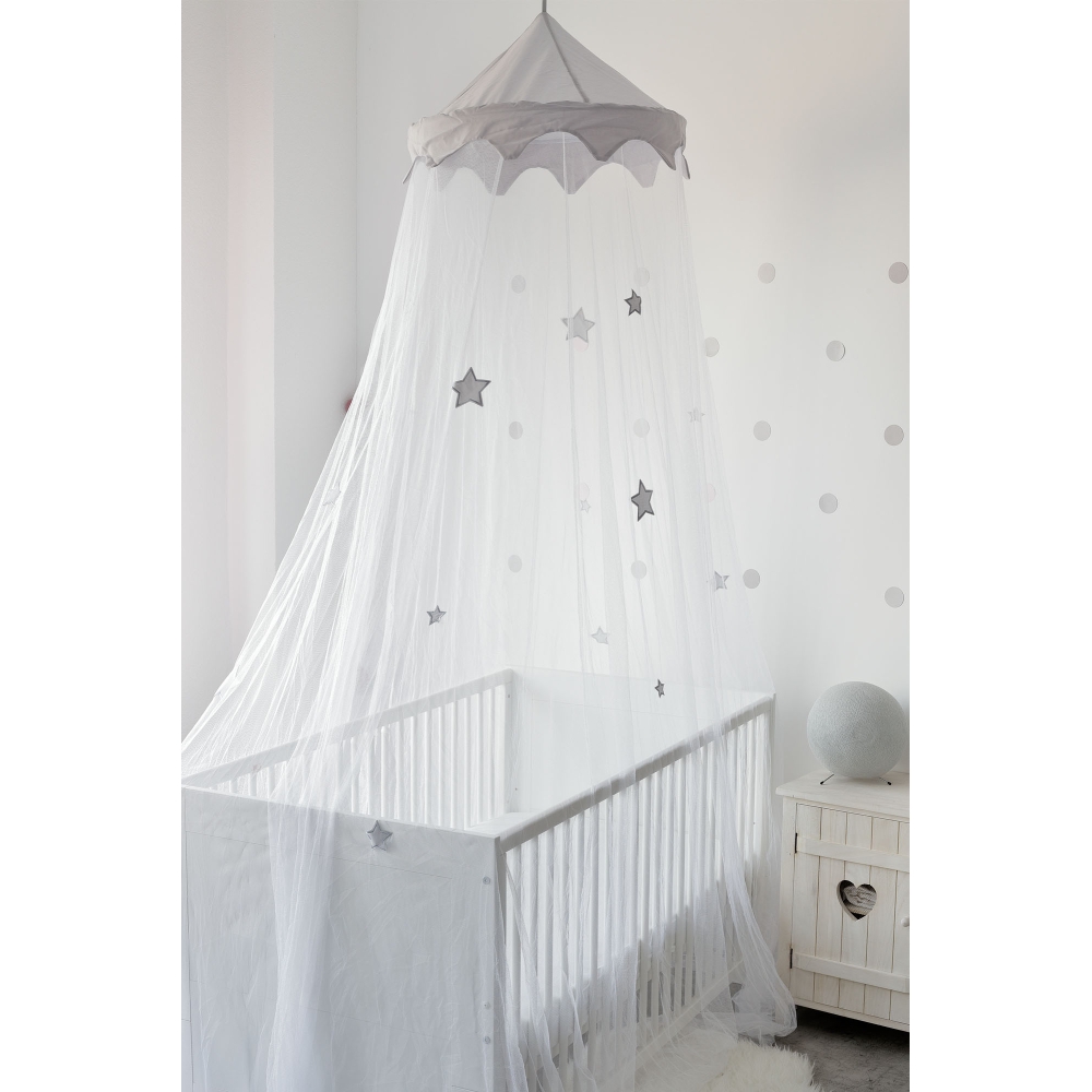 Ciel de lit/Baldaquin/ 300 x150cm + Support Flèche de lit (Grey Stars Gris  Blanc Grandes Etoiles)