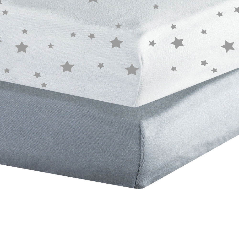 Lot de 2 draps-housses bébé en jersey extensible - gris+blanc