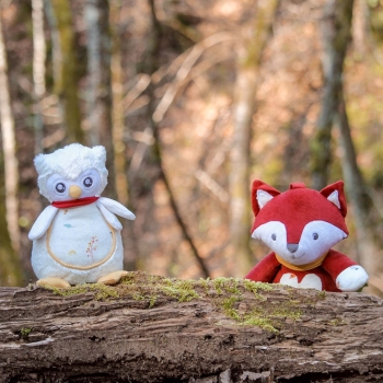 stuffed owl and fox plush staged in the forest behind a tree