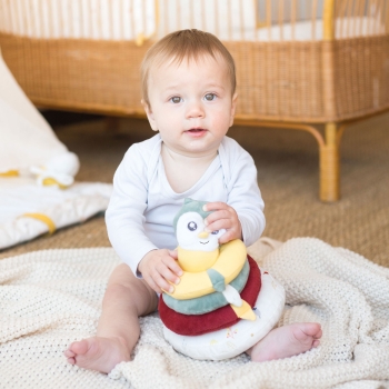 Bébé qui joue avec sa pyramide empilable douce avec son visage chouette Bébé qui joue avec sa pyramide empilable douce avec son visage chouette