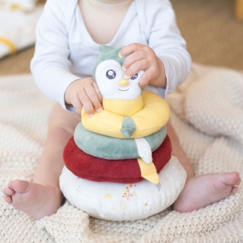 Baby sitting holding the stacking pyramid