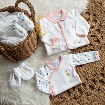 Complete Sophie the Giraffe outfit with pajamas, bodysuit, booties and mittens with peppy patterns