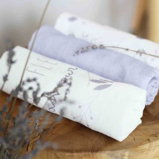Conjunto de 3 fraldas de pano 70*70cm lilás e branco
