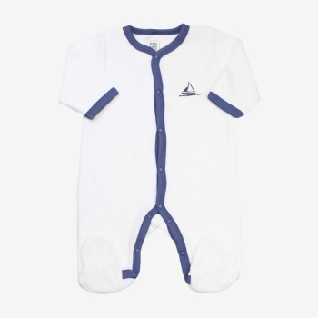 Wit en marineblauw kruippakje met borduursel Wit en marineblauw kruippakje met borduursel