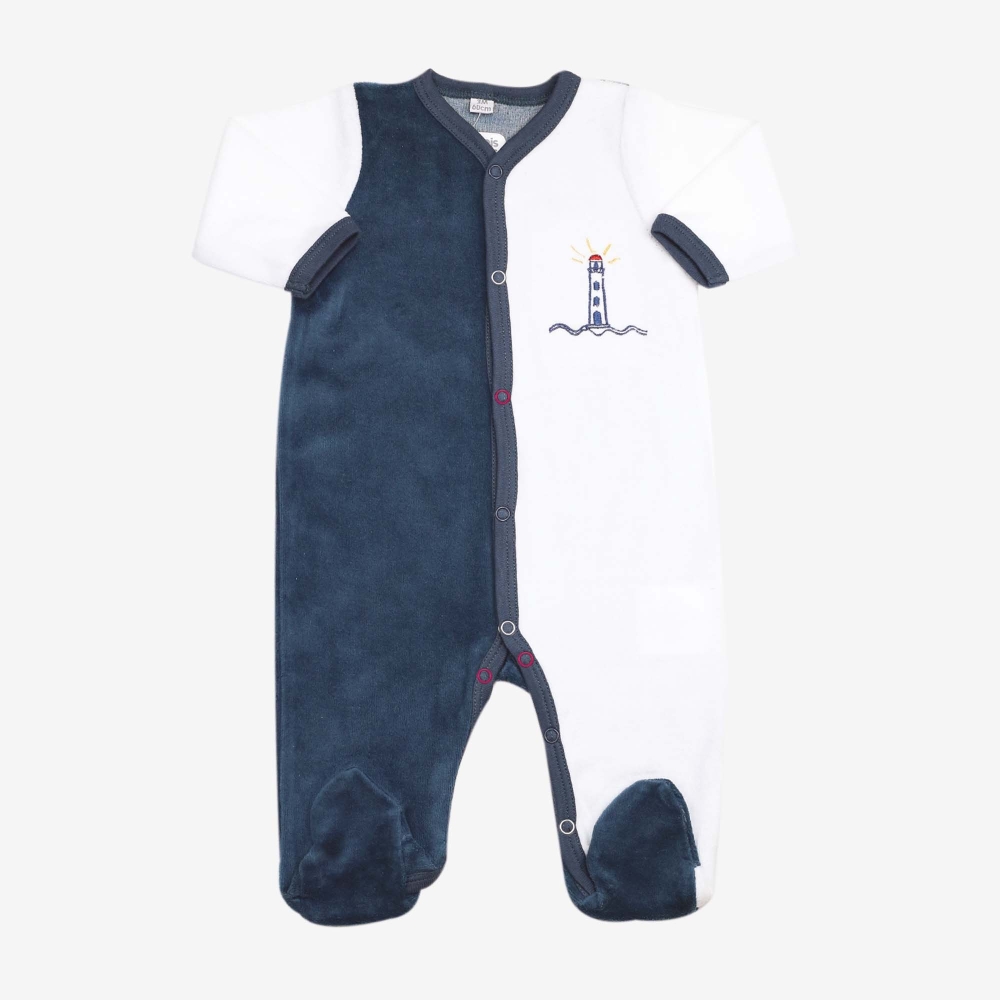 Pelele de bebé azul marino y azul decorado con un faro