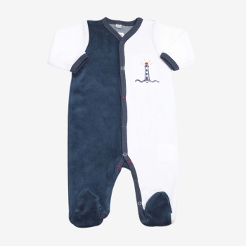 Marineblauw en blauw baby kruippakje versierd met een vuurtoren Marineblauw en blauw baby kruippakje versierd met een vuurtoren