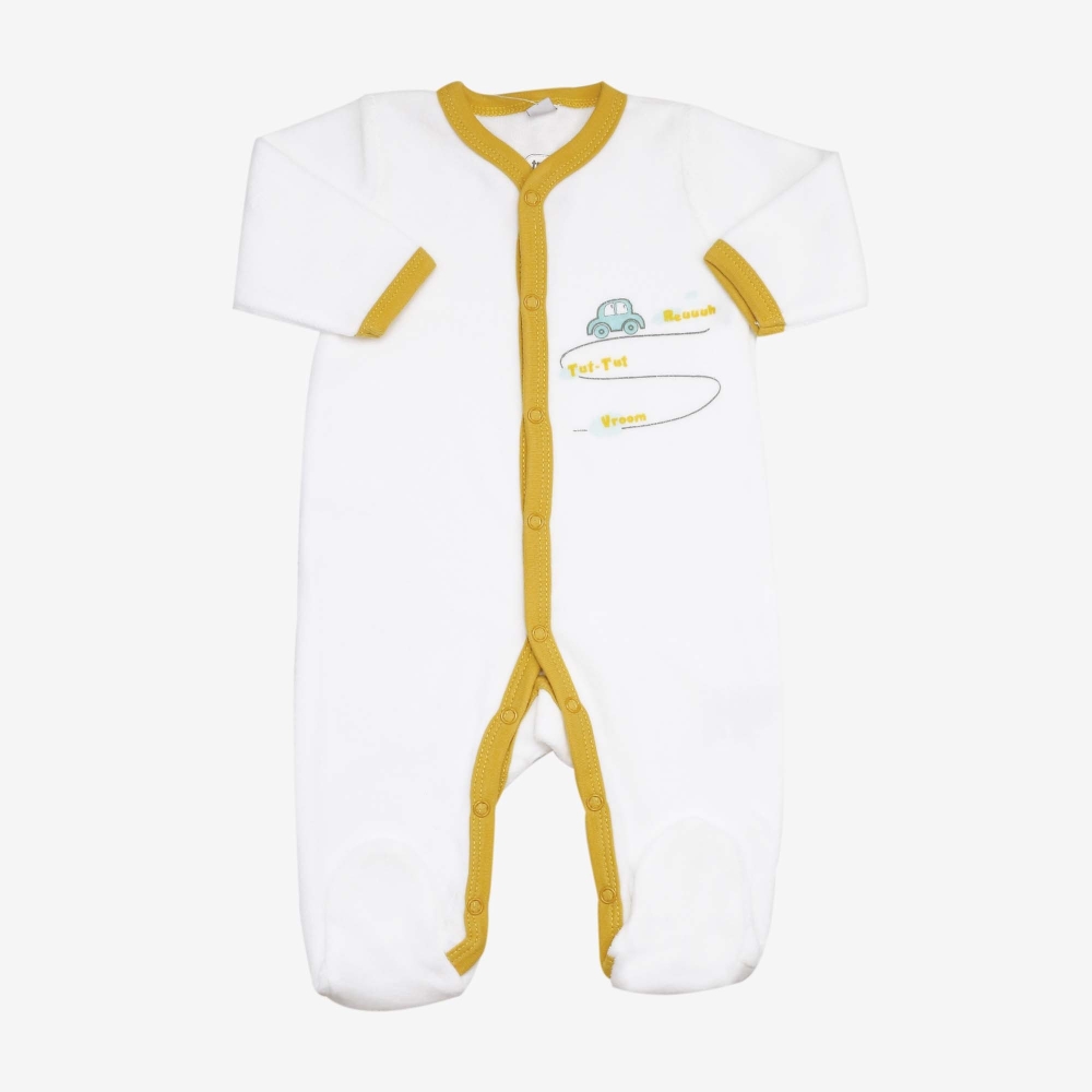 Pyjama bébé blanc et moutarde Pyjama bébé blanc et moutarde
