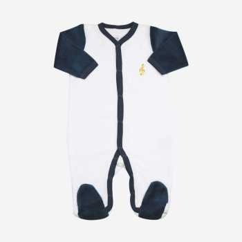 Pijama de bebé branco e azul-marinho bordado com uma nota musical