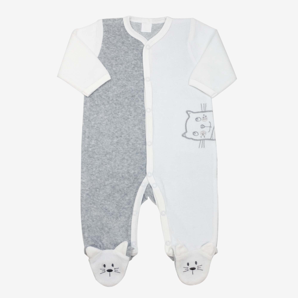 Pyjama bébé blanc et gris brodé d'un chat Pyjama bébé blanc et gris brodé d'un chat