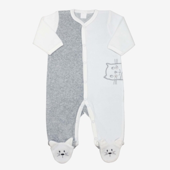 Witte en grijze babypyjama met geborduurde kat Witte en grijze babypyjama met geborduurde kat