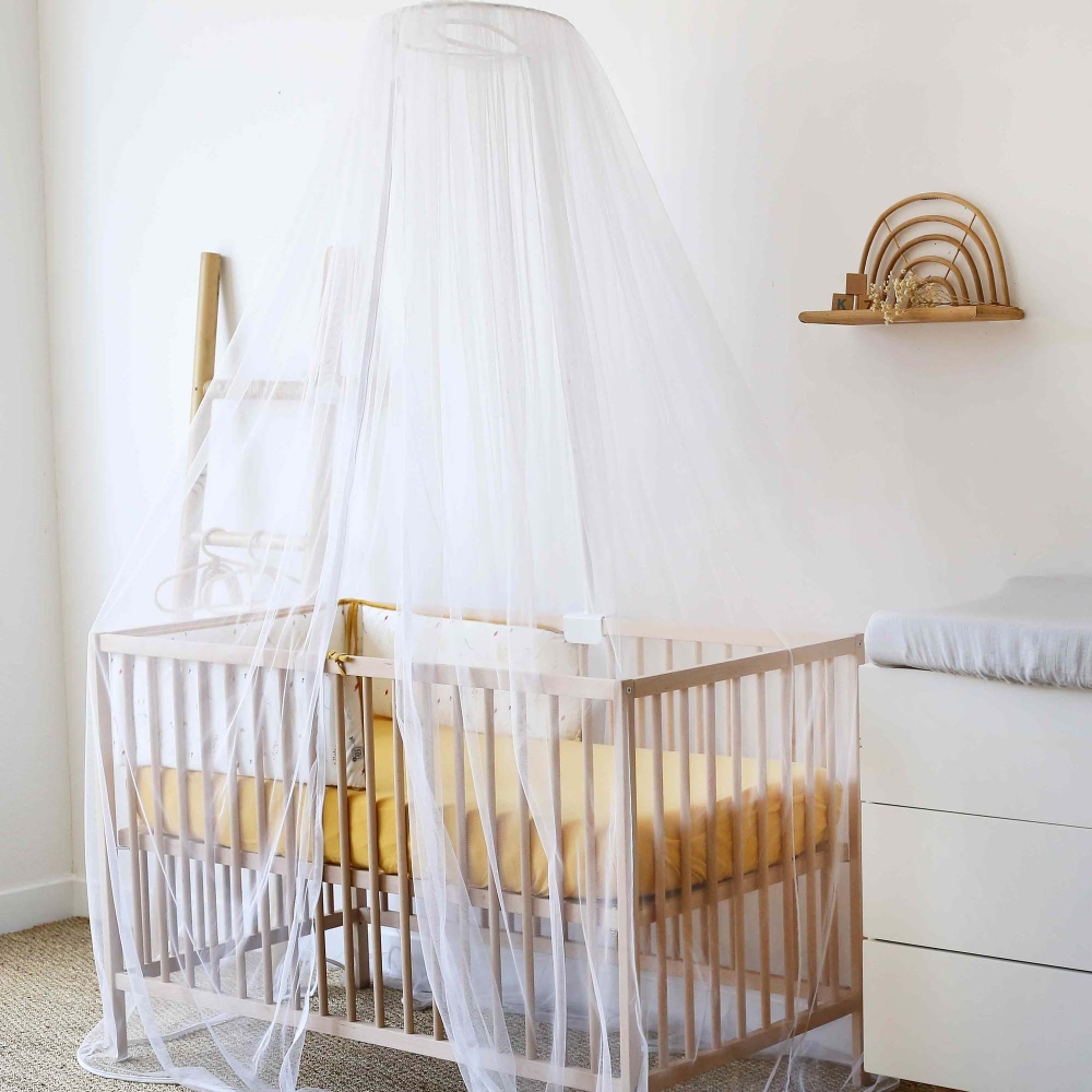 Ciel de lit bébé en voile avec bande – gris à coe avec fleche support