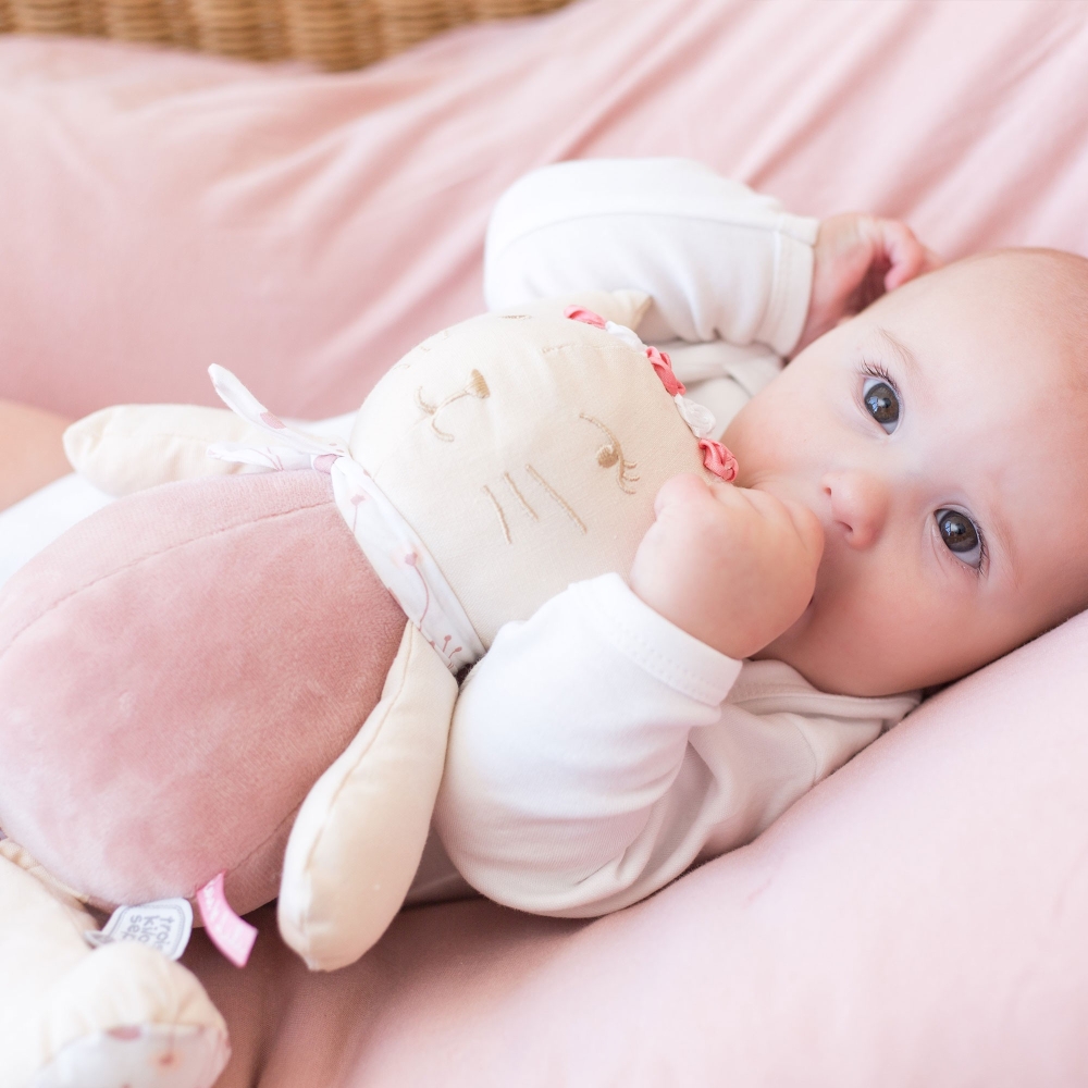 Baby die in slaap valt met zijn roze muzikale knuffel in zijn armen en zijn duim in zijn mond Baby die in slaap valt met zijn roze muzikale knuffel in zijn armen en zijn duim in zijn mond